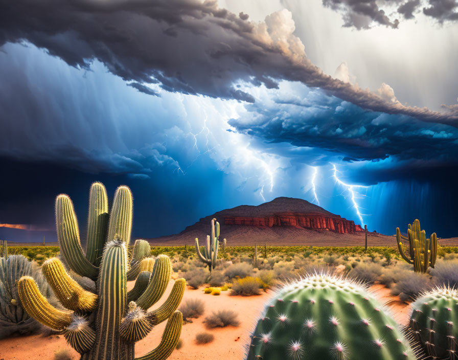 Desert landscape with mesas, cacti, and lightning storm.