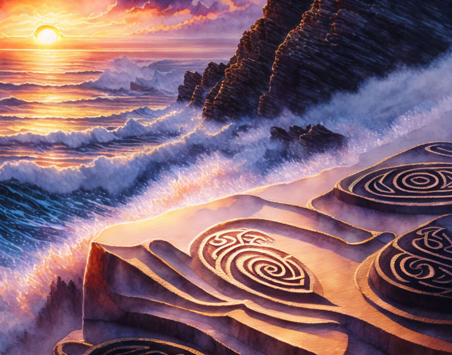 Scenic sunset painting over ocean with crashing waves