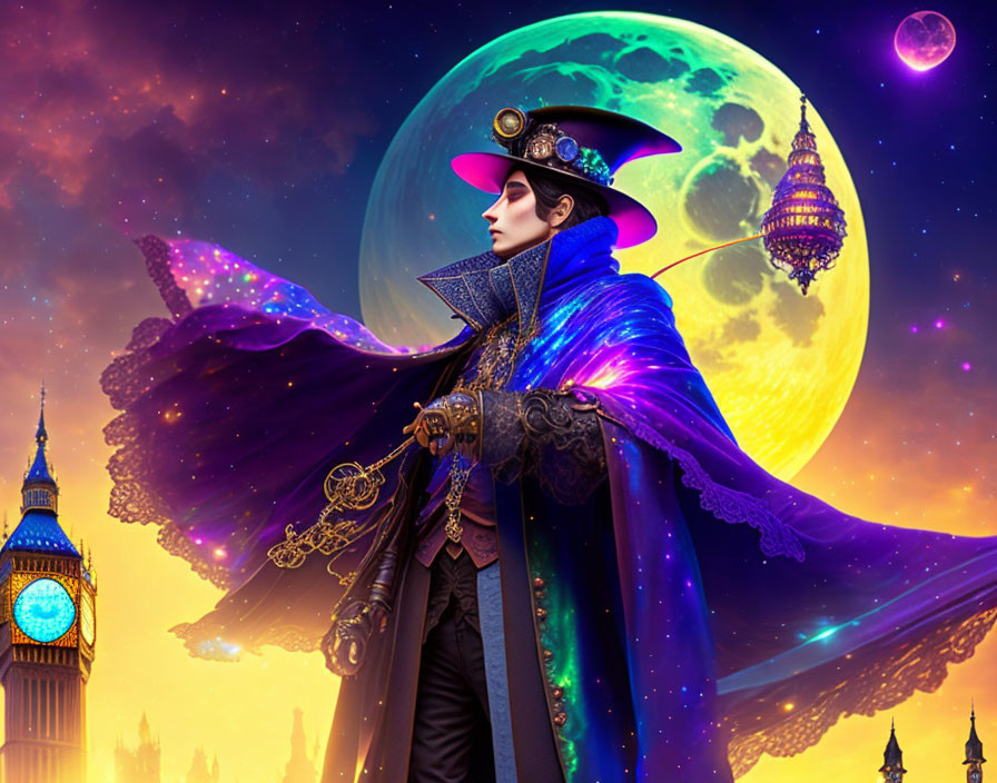 Steampunk-themed figure in purple cloak and top hat against fantasy backdrop with moon and Big Ben.