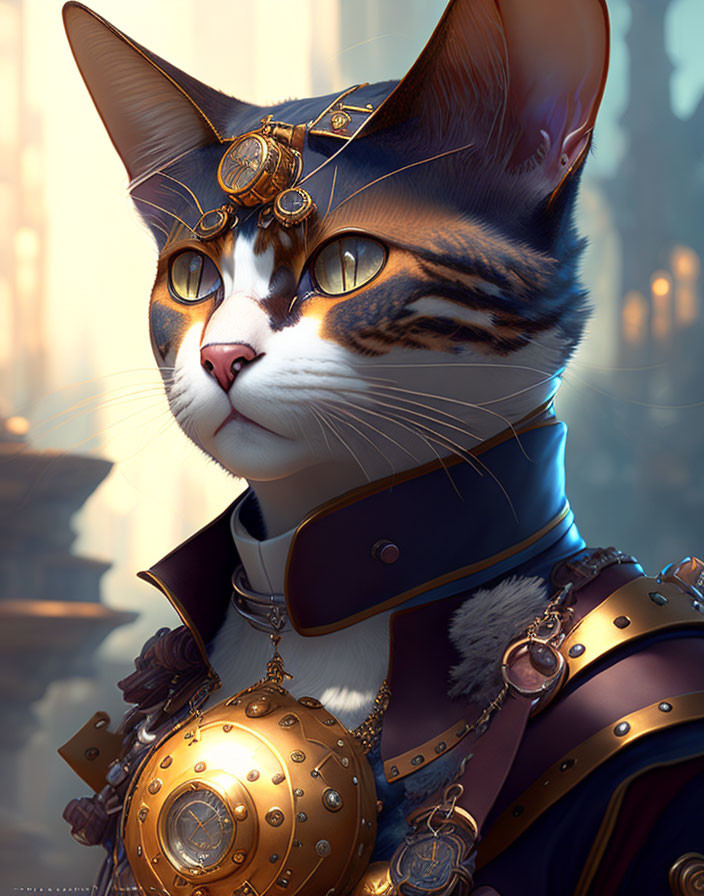 Anthropomorphic cat in steampunk attire with goggles and golden armor