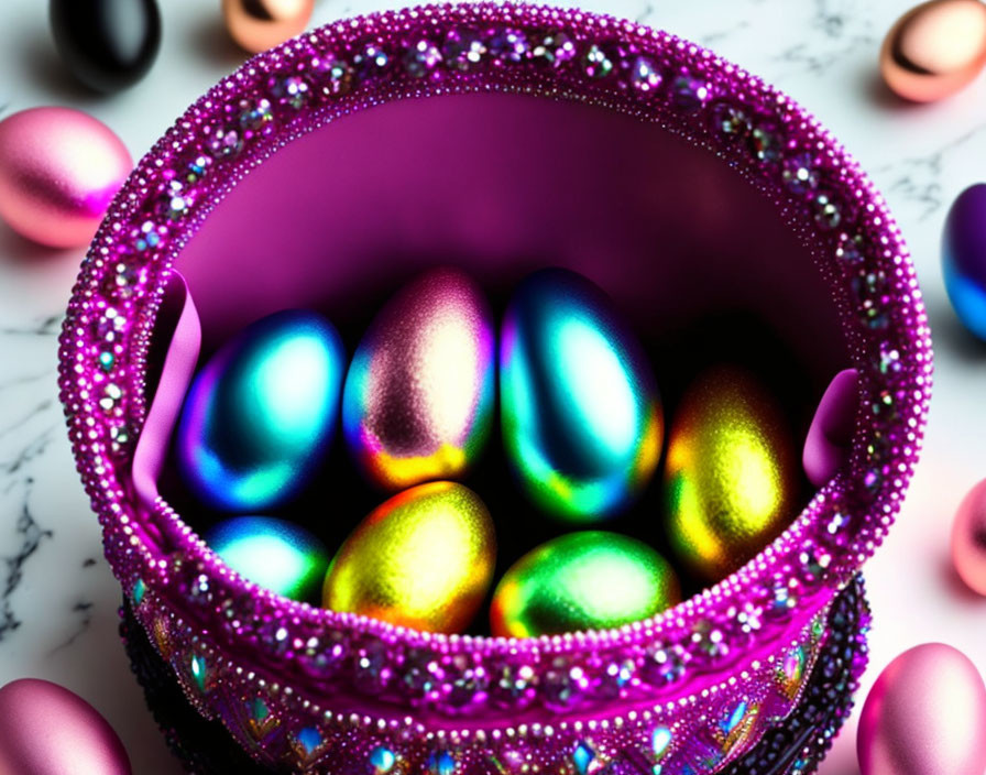 Colorful Easter egg basket on marble surface with scattered eggs