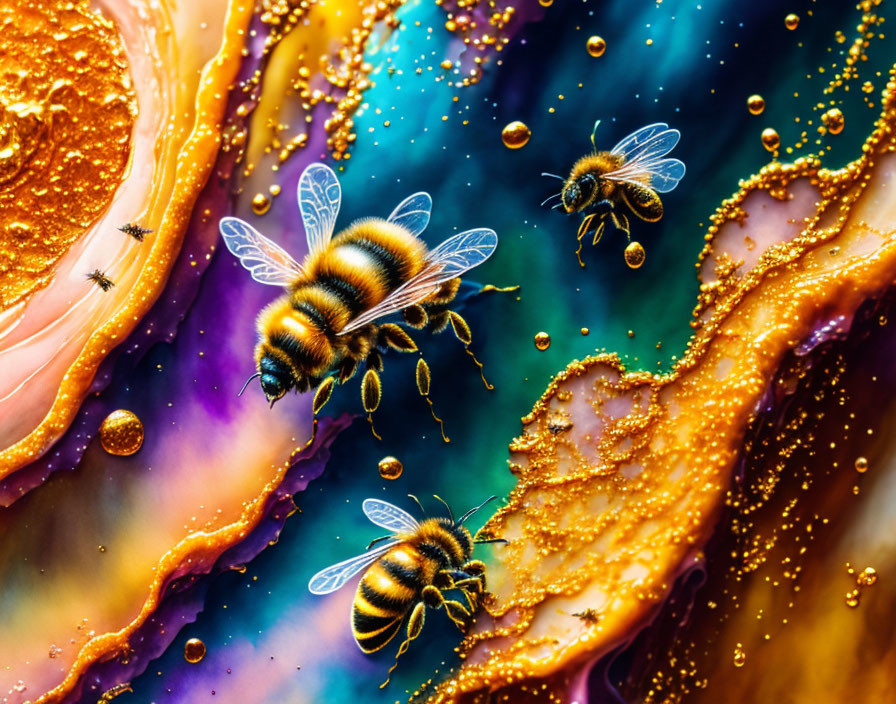 Colorful Abstract Art: Bees Hovering in Vibrant Swirling Pattern