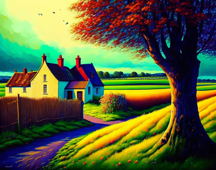 Colorful landscape painting with tree, houses, path, fields, and sunset.