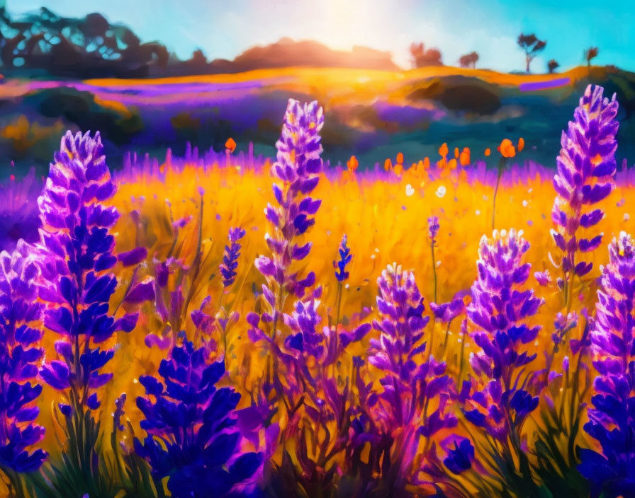 Lavender field painting with warm sunset and vivid colors