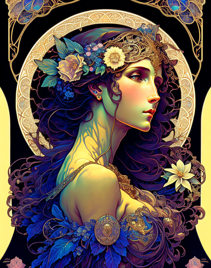 Art Nouveau Style Woman Illustration with Floral and Geometric Designs