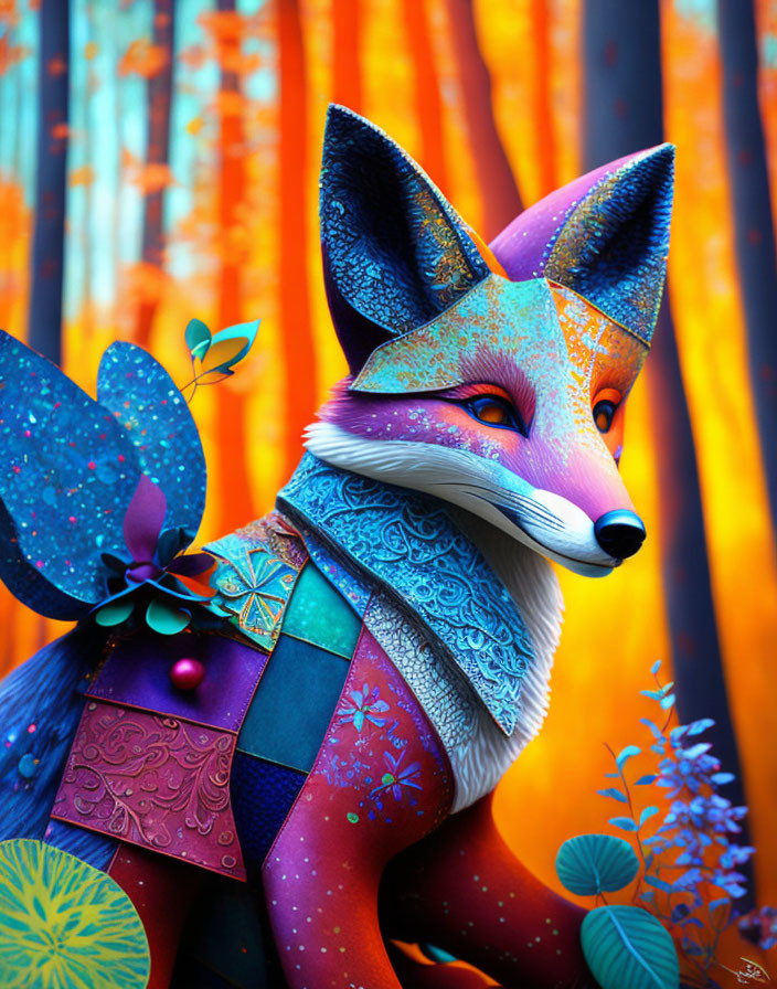 Colorful Fox Illustration with Butterfly Wing in Fiery Forest