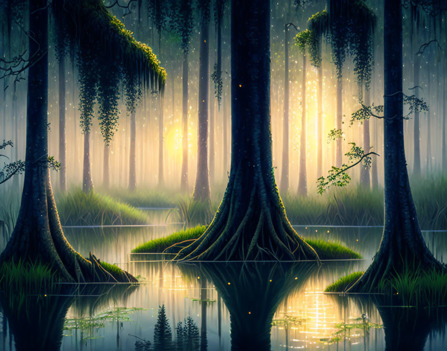 Misty swamp forest with sunbeams, tranquil waters, lush greenery