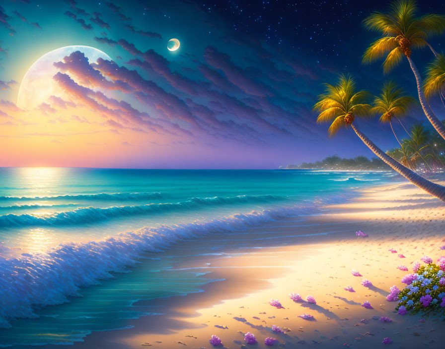 Nighttime Beach Scene: Moonlit Sky, Palm Trees, and Gentle Waves