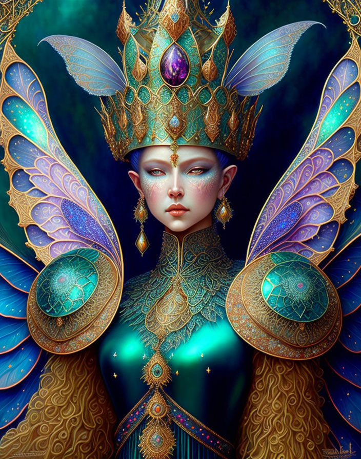 Fantasy female figure with gold and turquoise headgear and wings