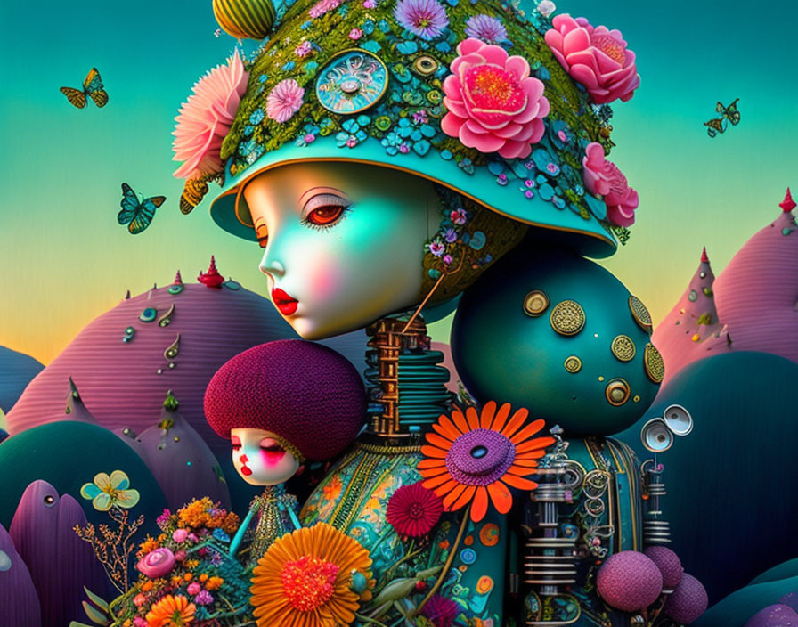 Surreal robotic female figure with floral hat in fantastical scene