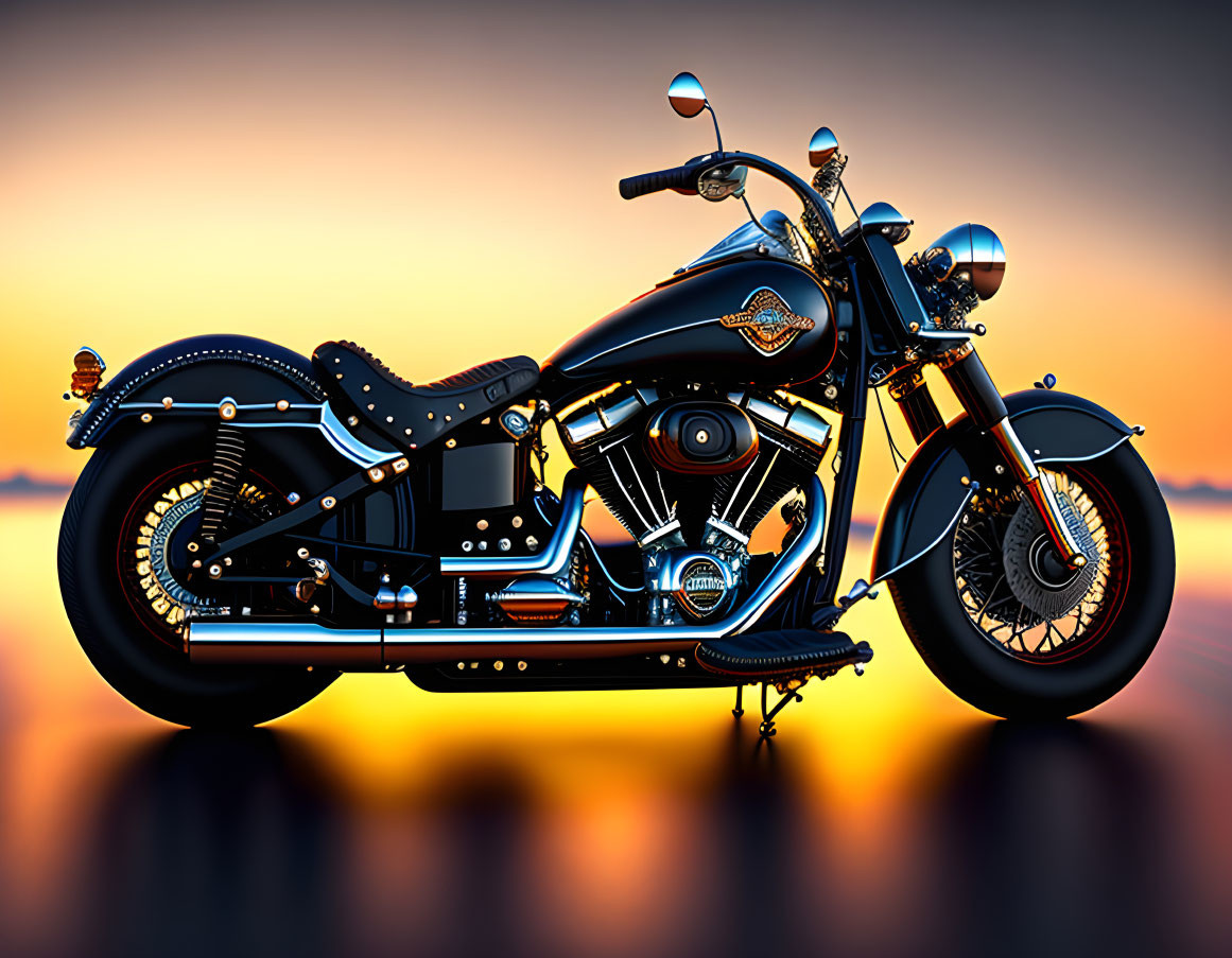 Vintage Cruiser Motorcycle with Chrome Details and Leather Saddlebags at Sunset