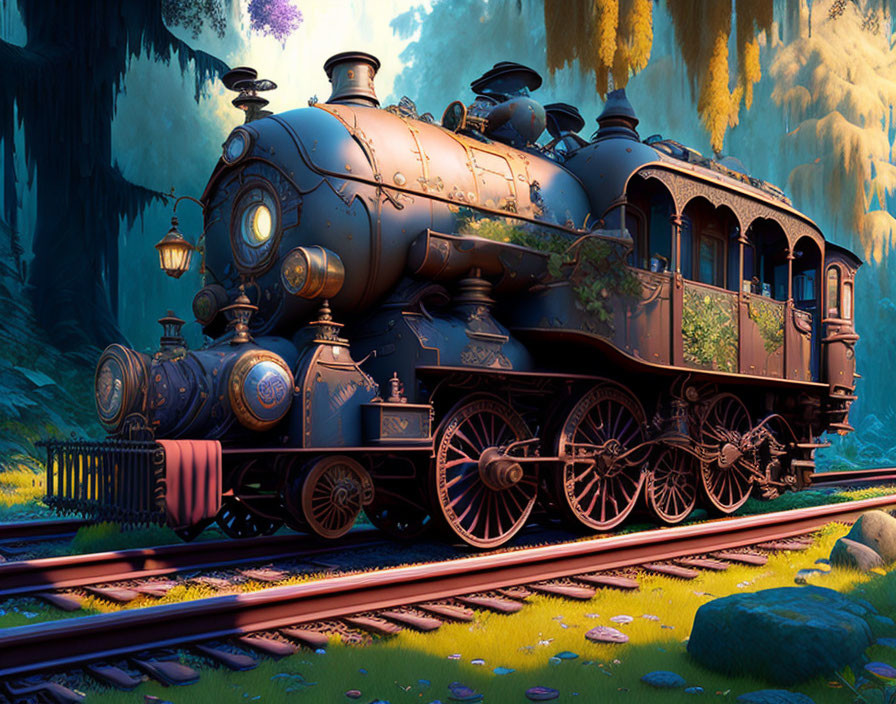 Vintage Train Artwork in Mystical Forest with Vibrant Colors