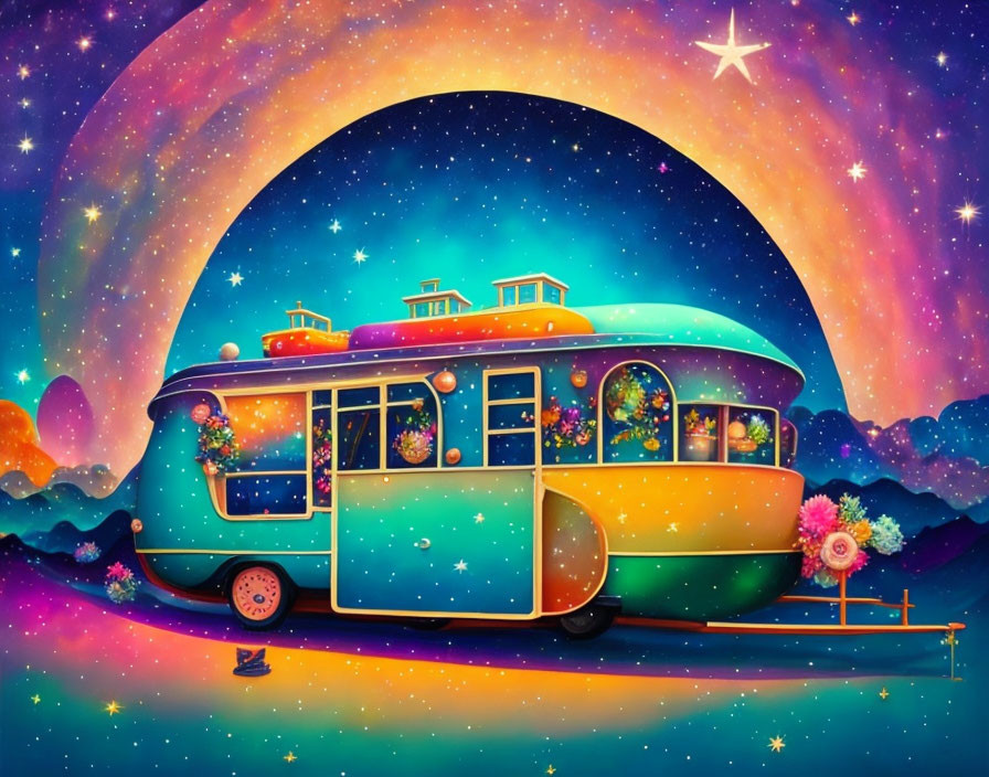 Colorful retro-style bus under rainbow sky with flowers & floating islands