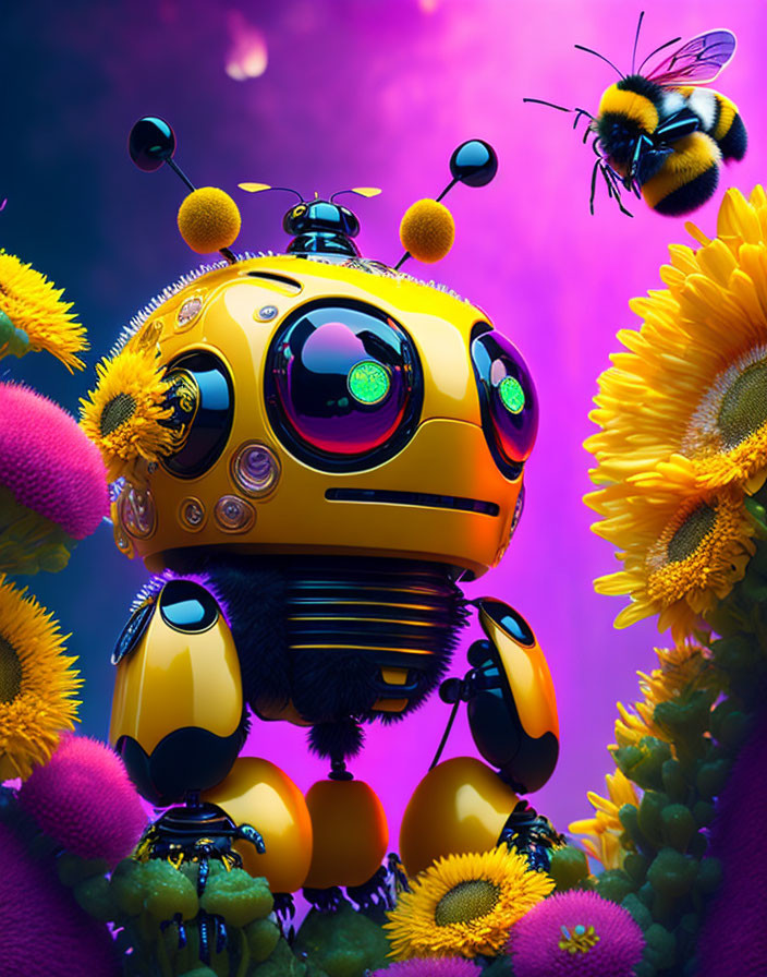 Cartoonish robot bee among sunflowers and real bees on purple background