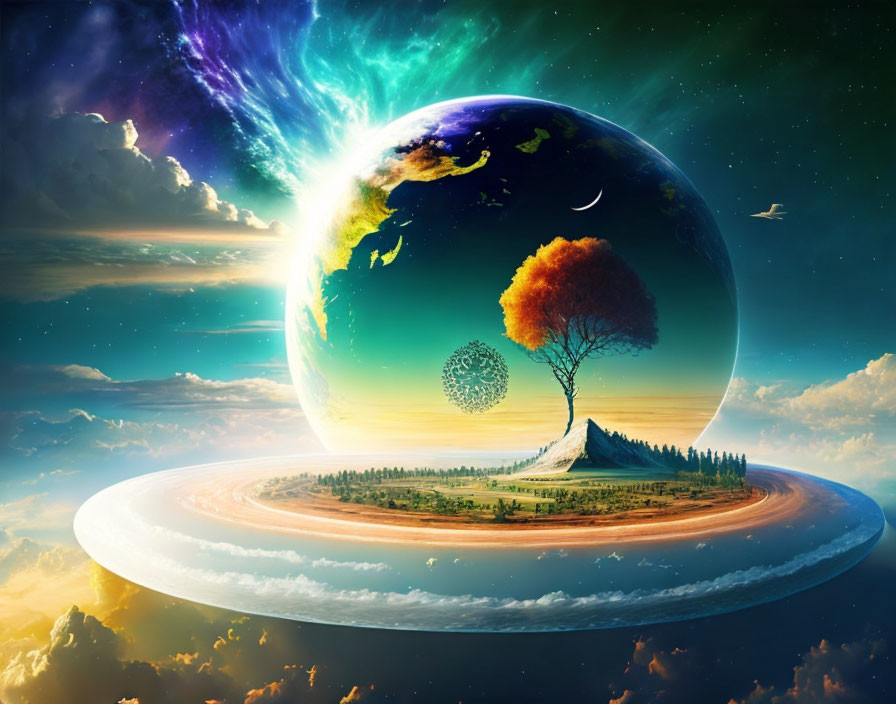 Surreal flat landscape with seasonal tree under Earth's day-night globe