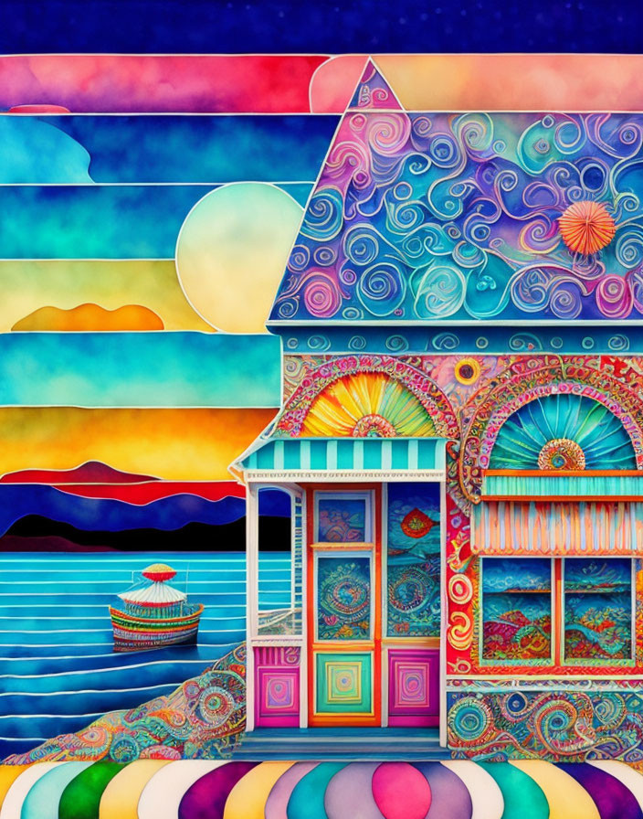 Colorful Illustration: Patterned House, Lake, Boat, Sun, Striped Sky