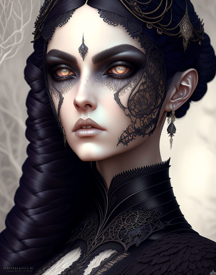 Digital artwork: Woman with black lace patterns, orange eyes, dark hair, ornate attire