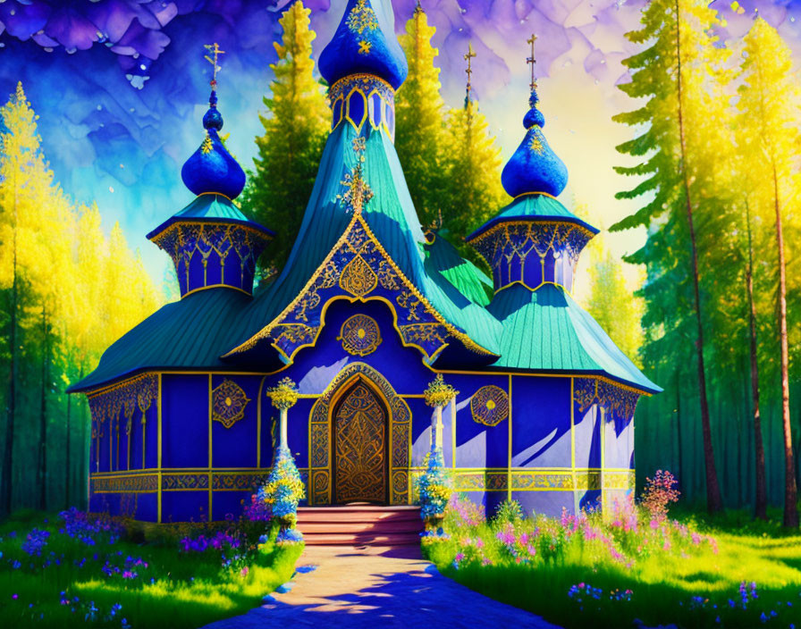 Illustration of Vibrant Russian-Style Church in Forest Clearing