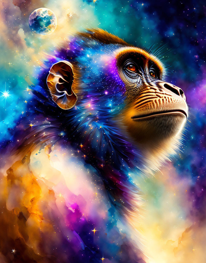 Vibrant cosmic-themed monkey digital artwork