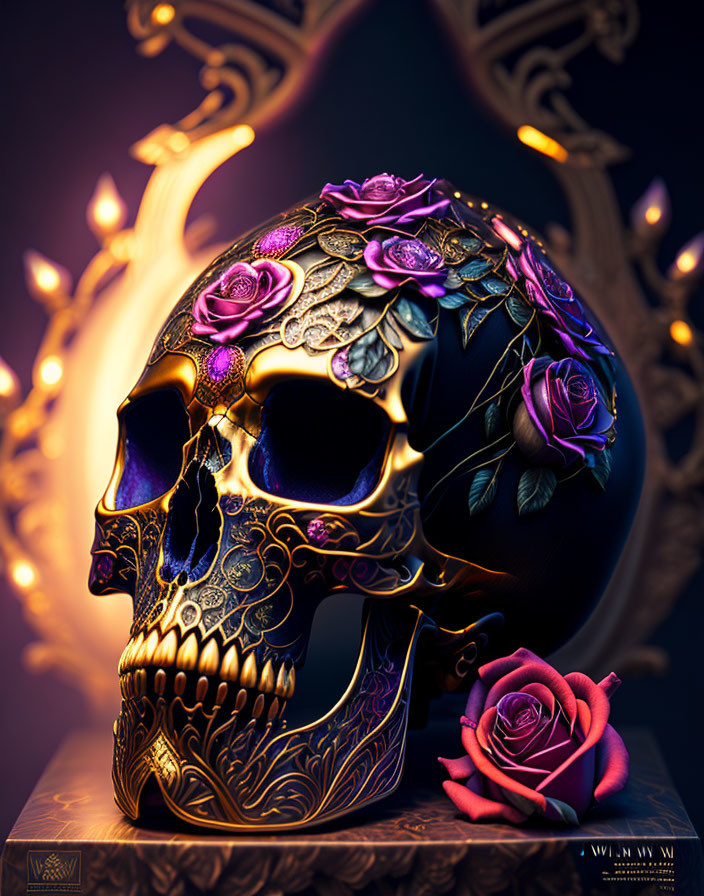 Intricately decorated skull with gold patterns and roses on dark ornate background