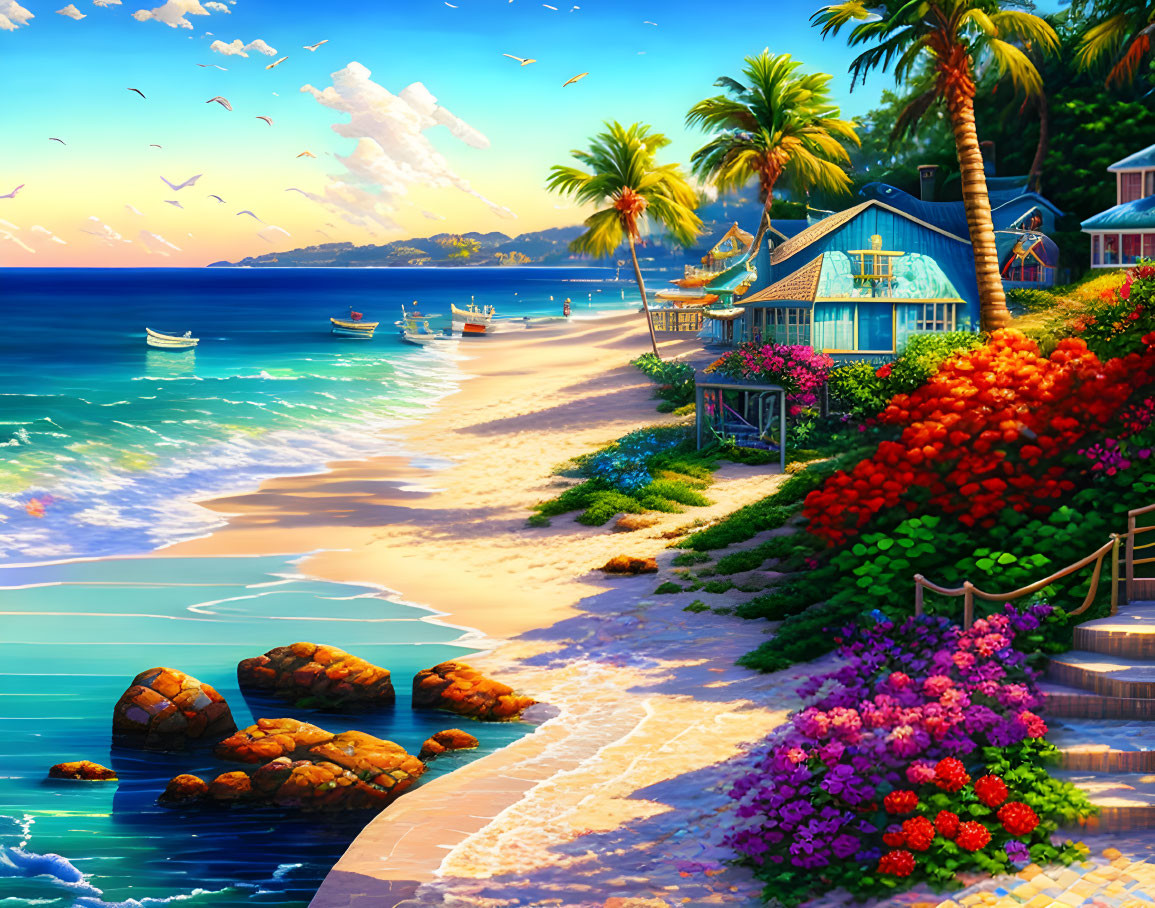 Serene tropical beach with ocean, flowers, palm trees, cottages, and birds