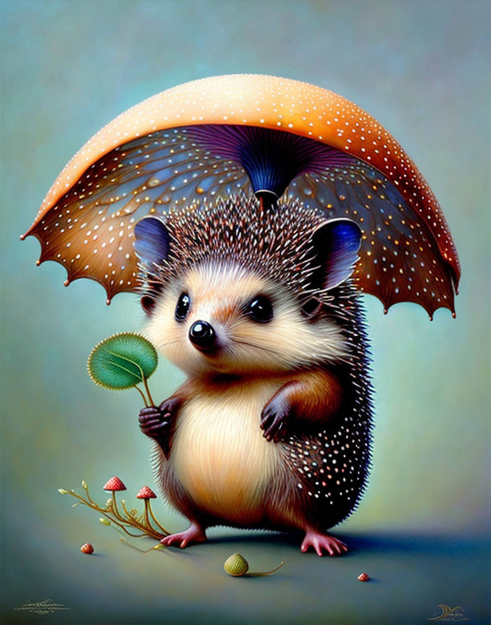 Illustrated hedgehog with flower and leaf under mushroom umbrella