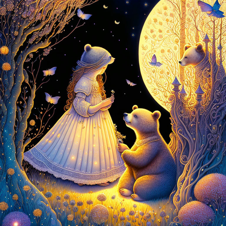 Girl in dress meets bear under starry sky with glowing trees, butterflies, and crescent moon