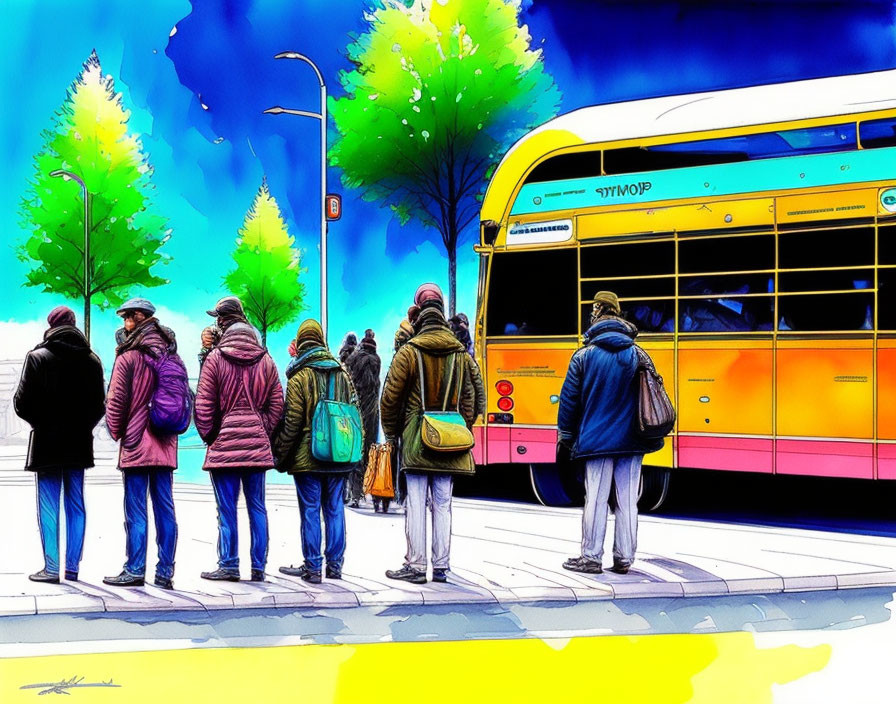 Vibrant winter scene: people in line at bus stop with yellow bus and blue sky