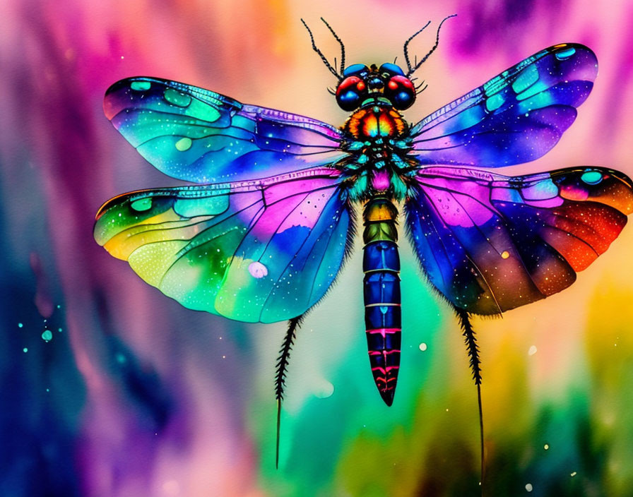 Colorful Dragonfly with Iridescent Wings on Multicolored Background