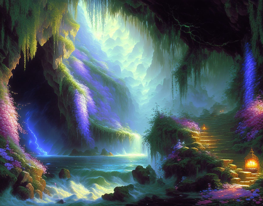 Ethereal cave with luminescent flora, waterfalls, stairway, lantern, and ambient