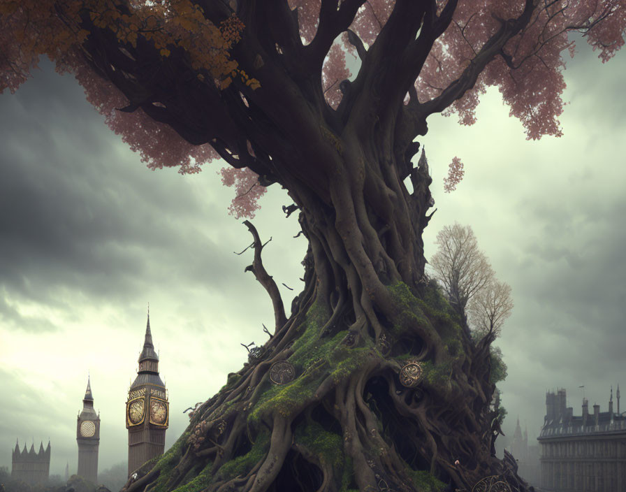 Majestic tree with pink blossoms near Big Ben and Parliament