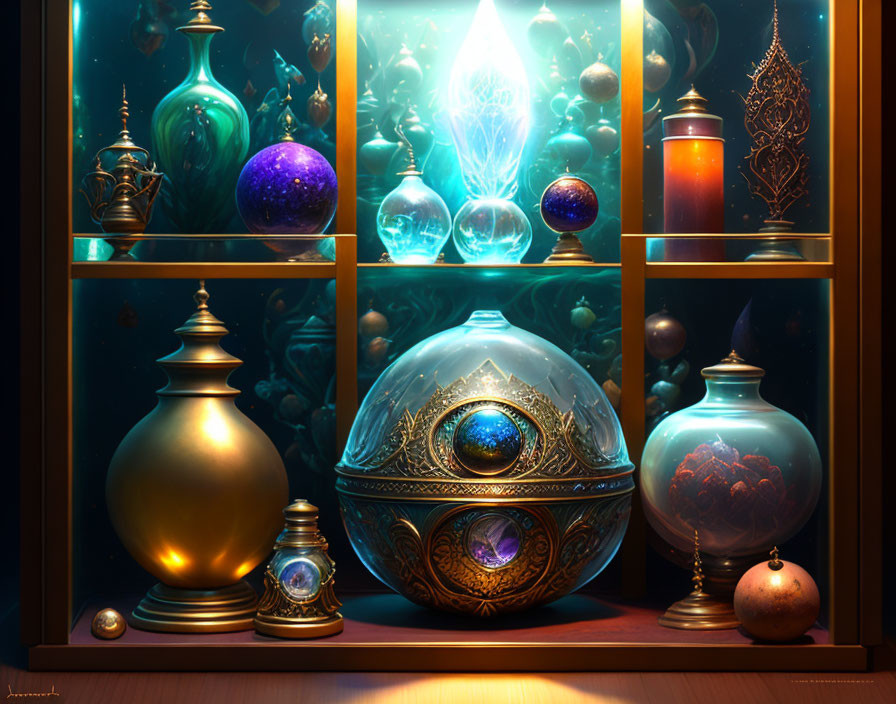 Ornate glowing jars and spheres on ambient-lit shelves