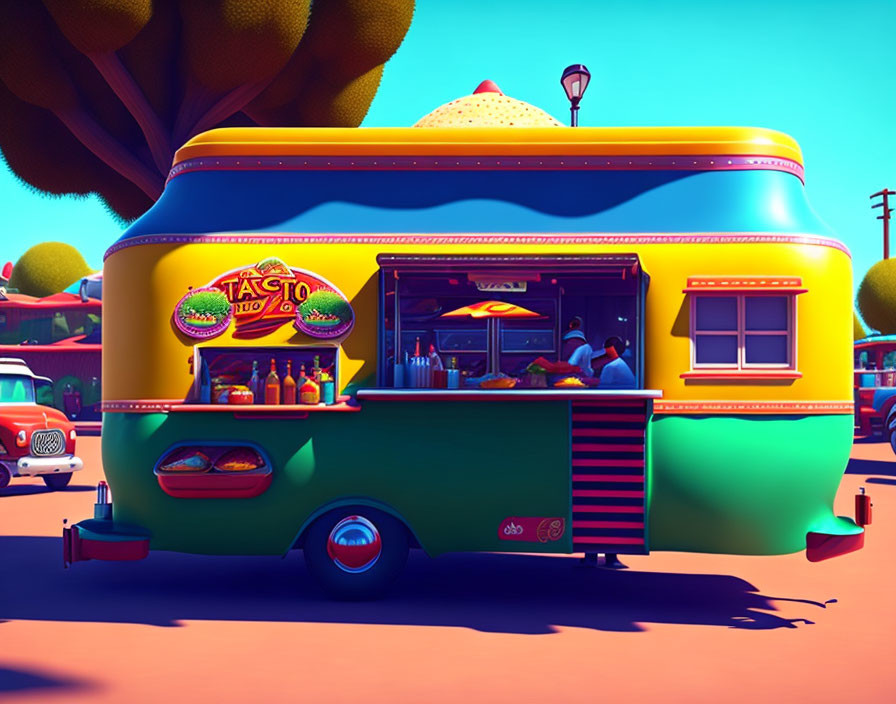 Vibrant Food Truck Illustration in Cartoon Setting