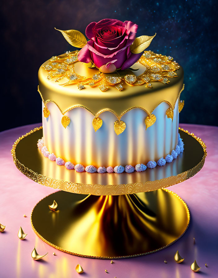 Opulent two-tier golden cake with red rose, gold leaves, pearls, and scalloped icing