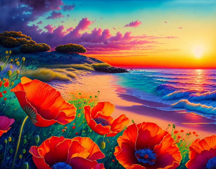 Scenic beach sunset with red poppies, calm waves, and colorful sky