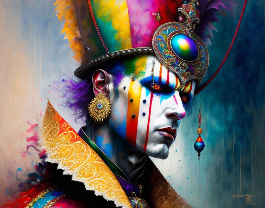 Person in Colorful Face Paint and Ornate Mask with Feathers and Jewels