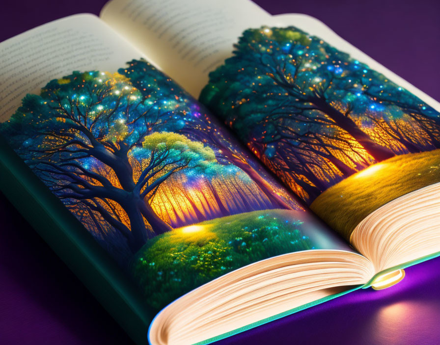 Illustrated open book with enchanted trees and glowing lights on purple surface