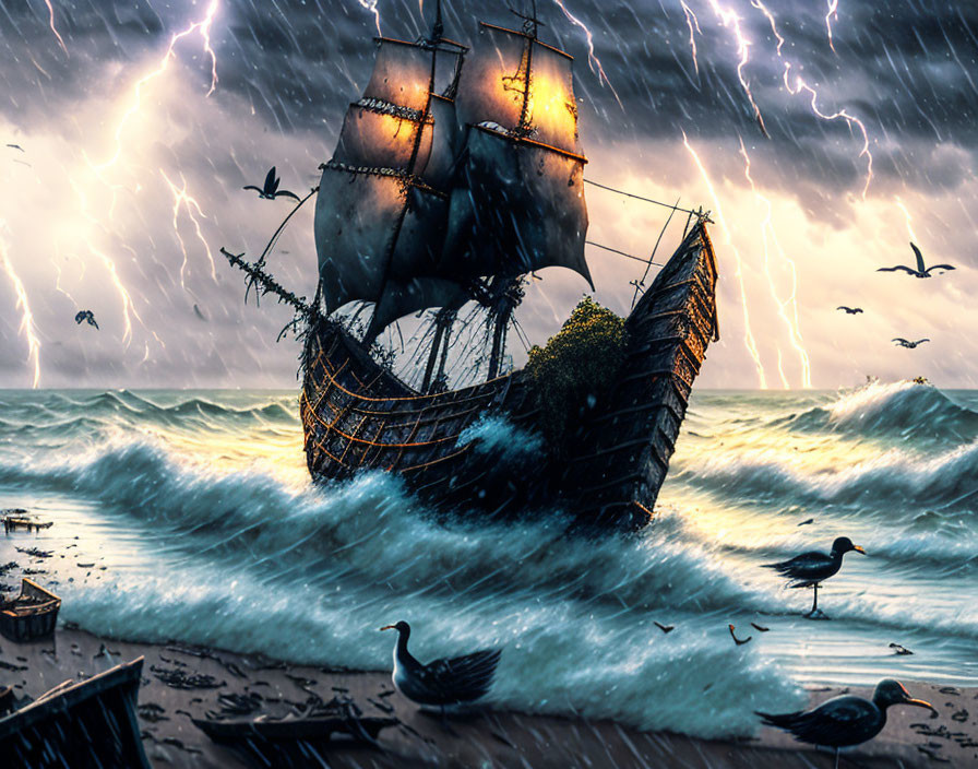 Tall ship in stormy sea with lightning, seabirds, and debris