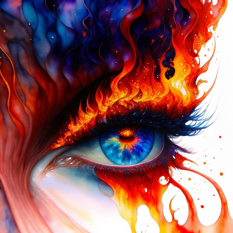 Detailed Blue Eye Artwork with Fiery Orange and Red Flames