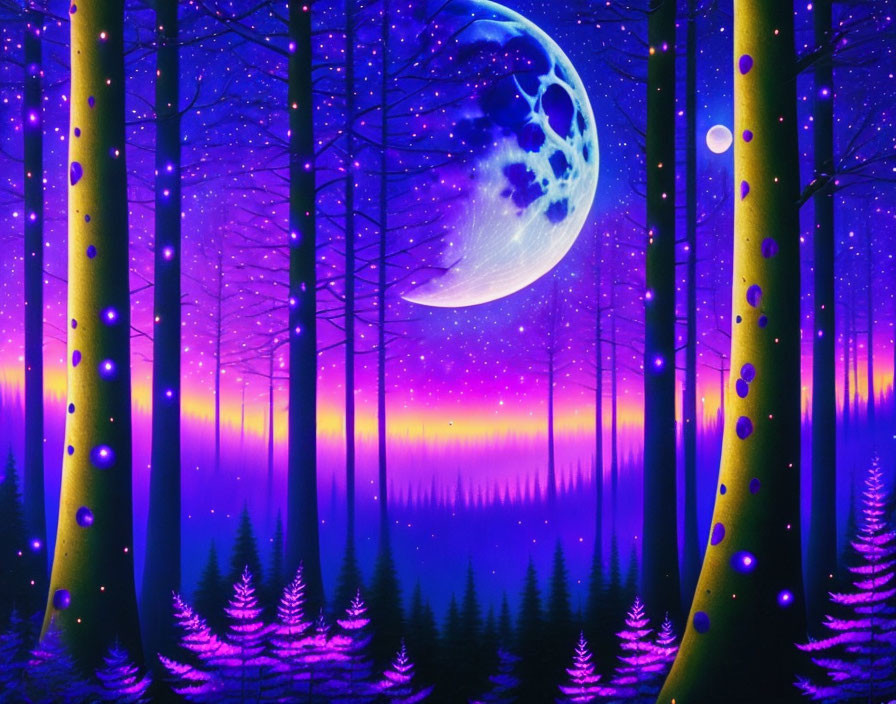 Nighttime digital art: Vibrant forest, yellow trees, crescent moon, stars, purple-p