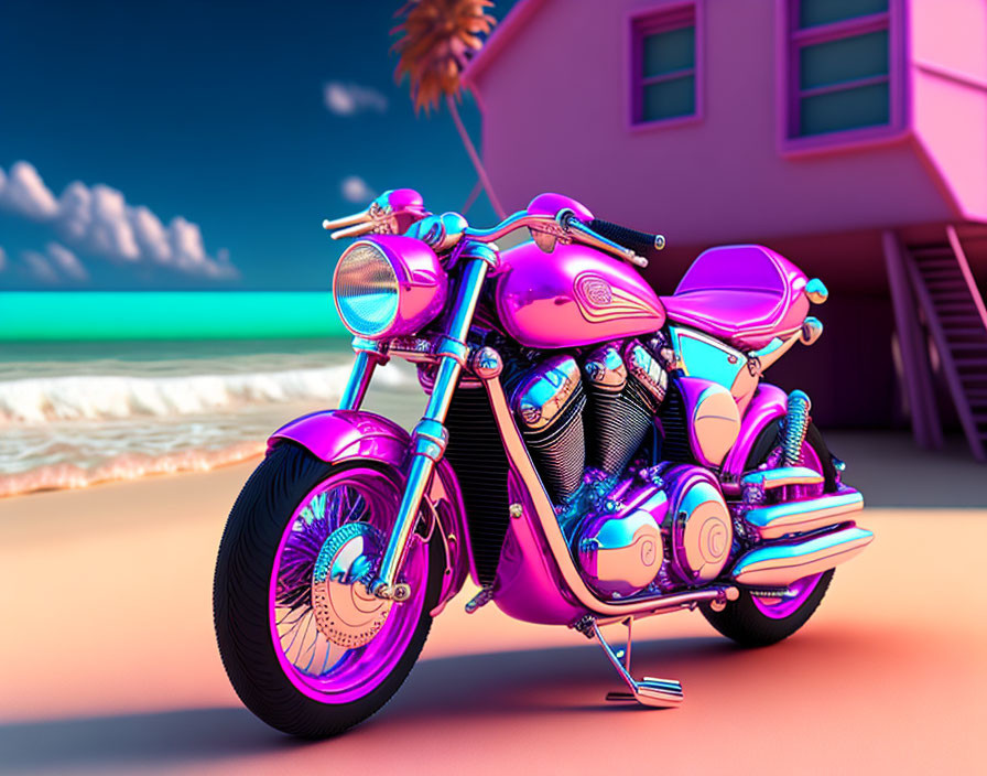 Pink motorcycle on sandy beach with blue sky and beach house