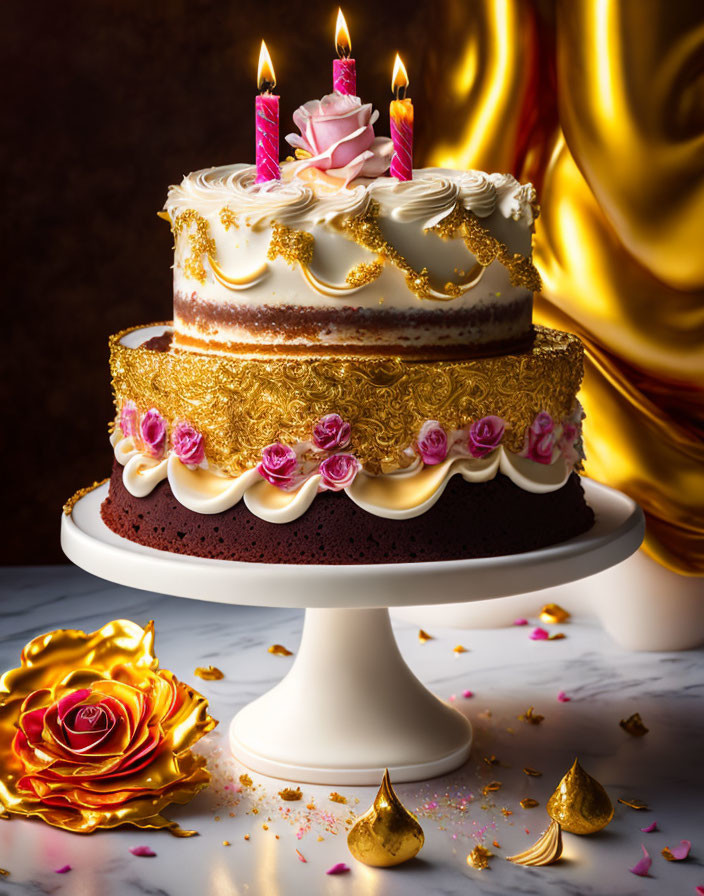 Luxurious Two-Tiered Cake with Gold Accents and Pink Roses