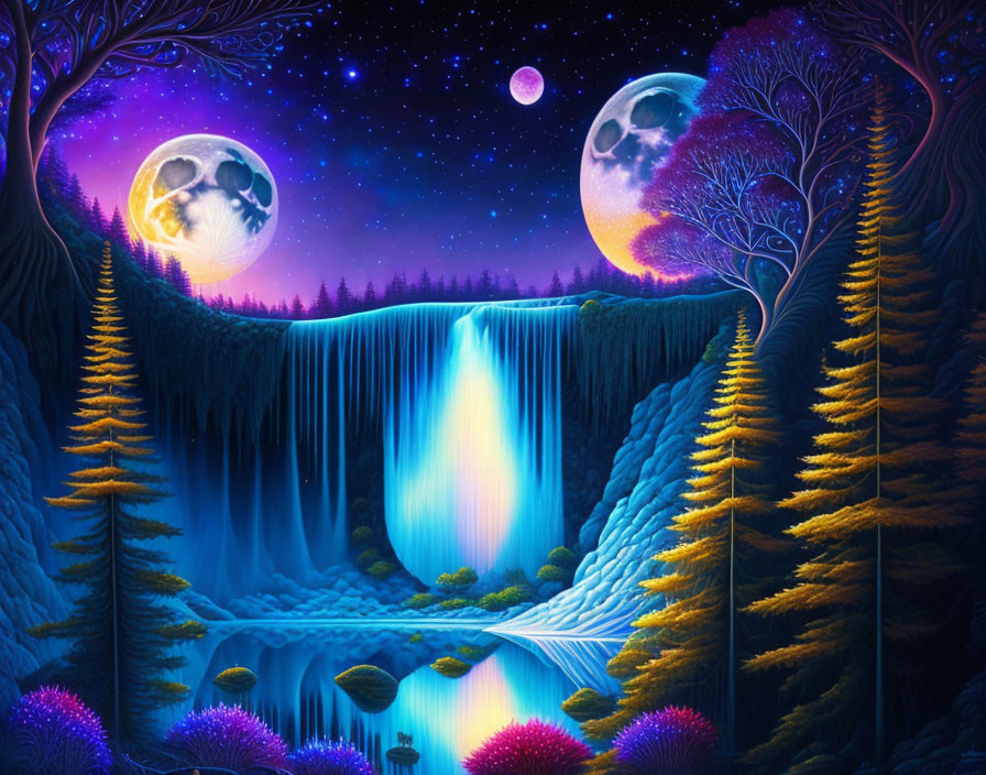 Fantasy landscape with waterfall, luminescent trees, and two moons