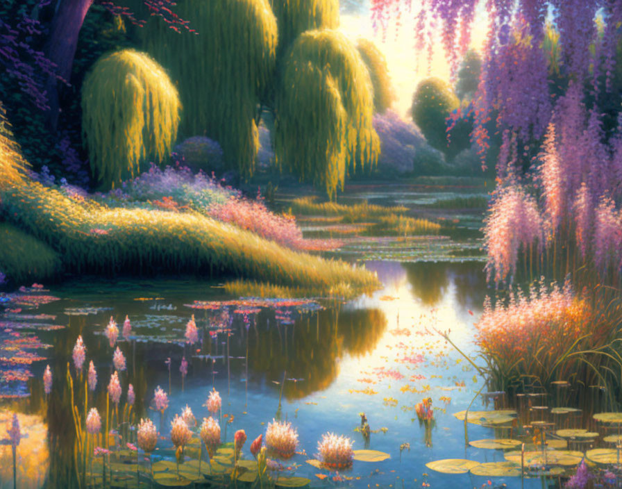 Tranquil scene of reflective pond with lush greenery and vibrant purple blossoms