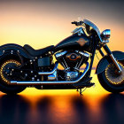 Vintage Cruiser Motorcycle with Chrome Details and Leather Saddlebags at Sunset