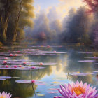 Tranquil lake scene with lush foliage, pink and white water lilies, and dusk sky