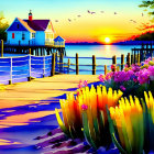 Tranquil lake sunset with wooden dock, small house, vibrant flowers, and flying birds