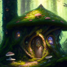 Enchanting forest house with moss roof, glowing windows, and mushroom path