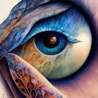 Detailed Hyper-Realistic Eye Painting with Colorful Feathers and Mechanical Patterns