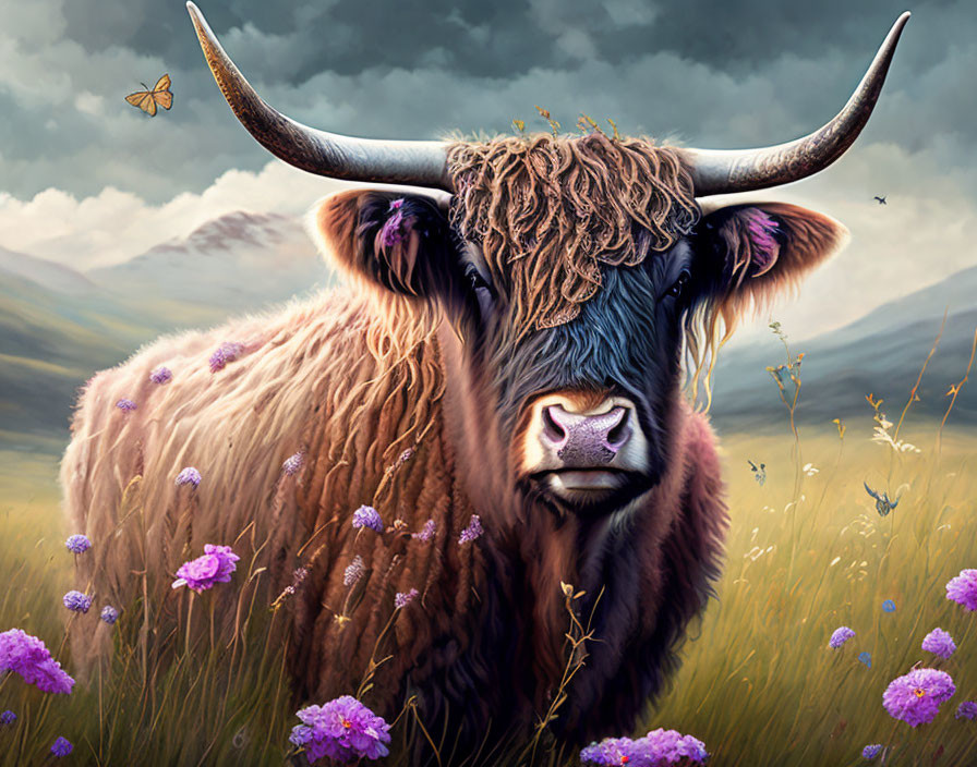 Highland Cow in Shaggy Fur Among Purple Flowers and Butterfly